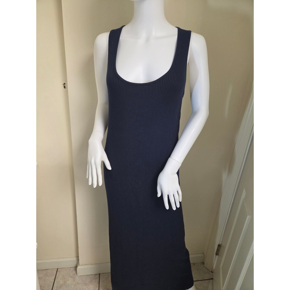 LEGOE Heritage Navy Blue Ribbed Knit Cotton Maxi Tank Dress Side Buttons Size L